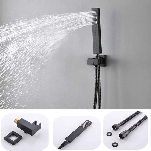 Matte Black Dual Shower Valve System With Thermostatic Temperature Control Rock Solid High Flow Bathroom Hardware Pressure Balancing Safety Guard, handheld shower head with sleek design and mount.