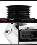 Close-up of 6-groove pulley, electrical connector, and mounting hole on Reliable 12V 105Amp Alternator Swap In Ready for GM vehicles.