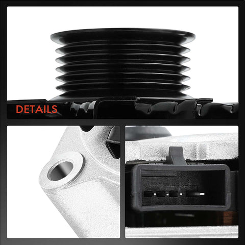 Close-up of 6-groove pulley, electrical connector, and mounting hole on Reliable 12V 105Amp Alternator Swap In Ready for GM vehicles.