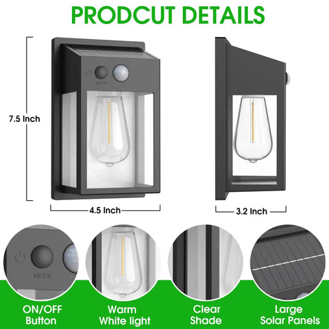 Outdoor Solar Porch Lights 2 Pack Featuring Motion Sensor And 3 Lighting Modes Zero Wiring Hassle Built Tough Weatherproof Wall Lanterns Sconces For Front Door Garage Fence Patio 7 5 Inch dimensions shown with ON/OFF button.