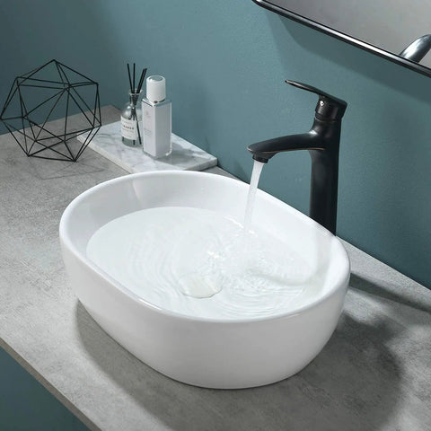 Oval Vessel Sink 19x14 Inches Ceramic Above Counter White Porcelain Modern Art Basin For Lavatory Vanity Cabinet Sleek Dope Look Durable White Glaze Easy Clean Contemporary Bathroom Fixture