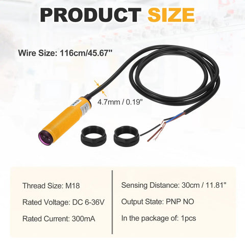 Workhorse Diffuse Photoelectric Sensor M18 30cm Range with dimensions and specifications displayed