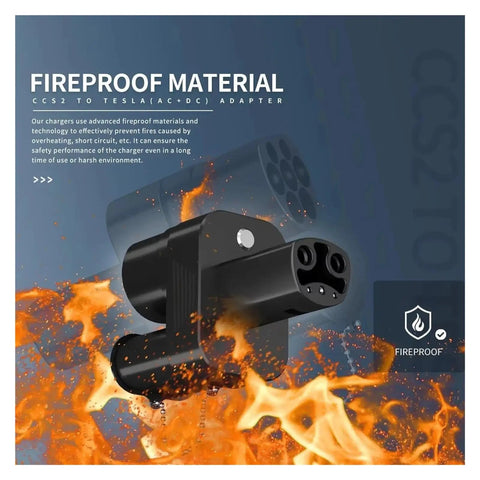 Top Shelf Premium Heavy Duty CCS2 To NACS Charger Adapter 250A Fast EV Convertor showing fireproof material and design features.