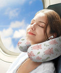 Woman on plane wearing U Shaped Neck Pillow for Travel and Office Naps, Lightweight and Reusable, Durable Polyester Cushion, Pig Cute Design