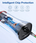 Interior view of MFi Certified USB C Car Charger for iPhone and iPad, 32W Quick Charge With PD 20W And 12W USB illustrating chip protection