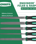 Set of 6 engineer's files and rasps with handles, different shapes and sizes shown, including a carrying pouch.