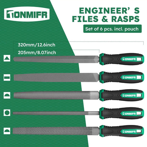 Set of 6 engineer's files and rasps with handles, different shapes and sizes shown, including a carrying pouch.