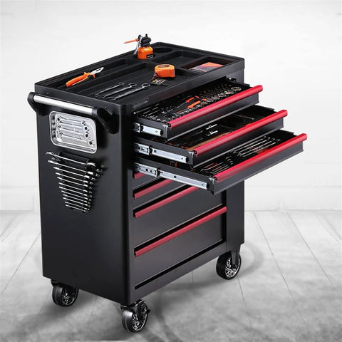Rolling Tool Box With Seven Lockable Drawers, Heavy Duty Steel Tool Chest Cabinet, Side Storage Cart For Garage Or Workshop, Durable Black Finish