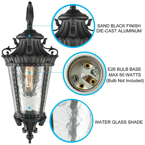 Dope Black Outdoor Wall Light Sconce With Rippled Water Glass Shade 21.6 Inch Tall, detailed view showing sand-black finish.