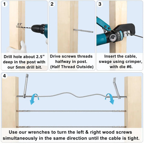 Installation steps of Marine Grade Stainless Steel T316 Right And Left Handed Swage Lag Screws For Wood Posts 1 8 Inch Steel Cable Railing Kit DIY Deck And Stair Cable Railing Hardware Wrench Included DM35.