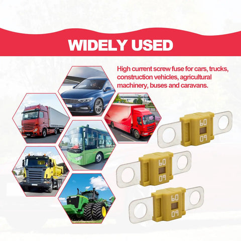 Pack Of 3 Heavy Duty 60 Amp Midi Fuses high current application with yellow terminals for cars trucks construction gear.