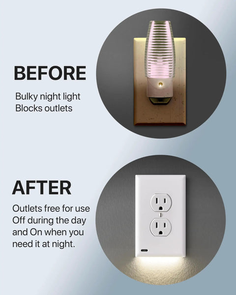 Comparison of bulky plug-in light vs GuideLight Duplex Outlet Night Light With LED Sensor No Brainer Snap On Wall Plate Replacement