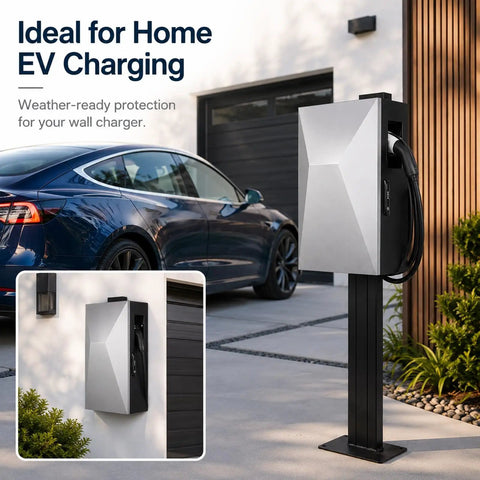 Heavy Duty EV Charger Lock Box With All Weather Rugged Cold Rolled Steel Guard For Safe Outdoor Wall Mount Storage, displayed outdoors.
