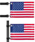 Premium Golf Cart American Flag 2 Pack 6X9 Inch Satin Patriotic Banner with elastic hooks and swivel brackets displayed on poles.