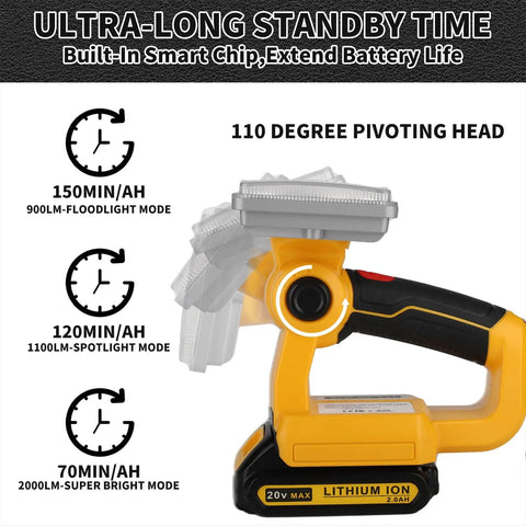 20V Max LED Work Light Flashlight For Dewalt Battery 20W Bright Flood Light angled view with pivoting head and lithium-ion label