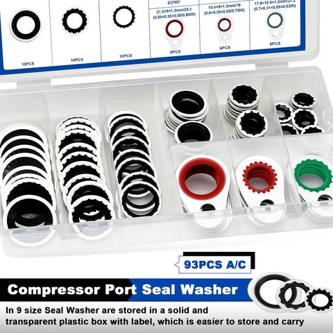 93 Piece AC Compressor Seal Washers Kit Nine Sizes For Your AC System Port Gaskets And O Rings Replacement Universal Automotive Self Centered Bonded Washers Fits 8mm To 17mm displayed in plastic case