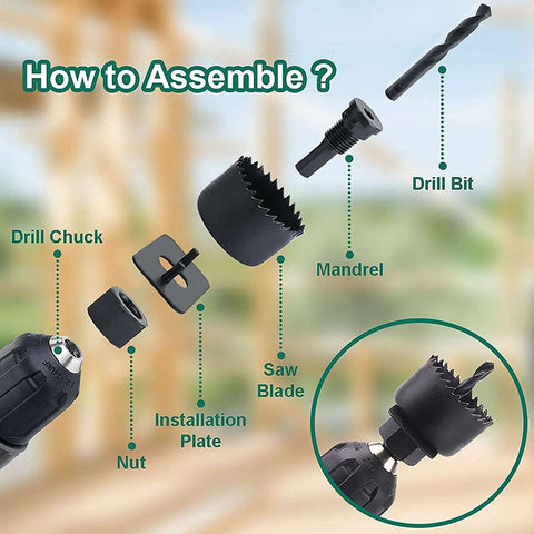 Hole saw kit HYCHIKA, 19-piece set with 13 blades, 2 mandrels, 2 drill bits, installation plate, hex key