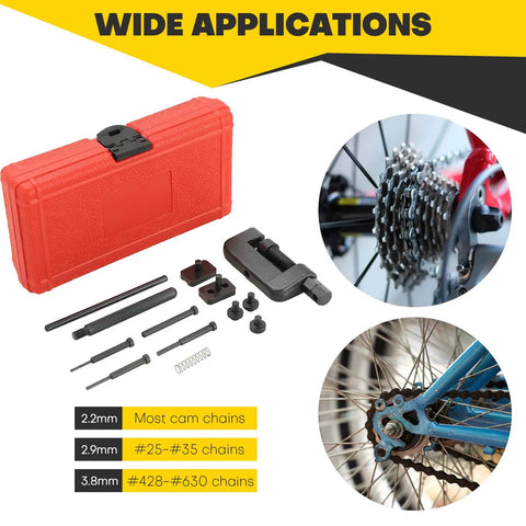 13 Piece Chain Breaker Tool Kit With Universal Chain Cutter And Riveter Set in red carrying case for ATV, bicycle, motorcycle maintenance