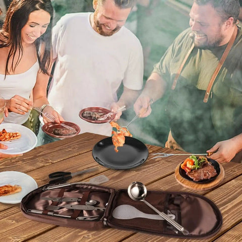 12 Piece Outdoor Camping Cookware Set Stainless Steel Portable Kitchen Tools Including Knives Spatulas Scissors in use at picnic