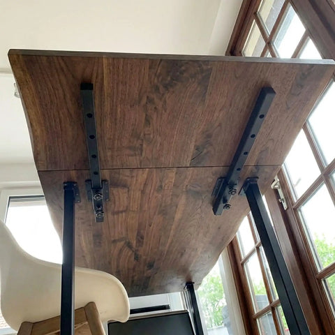 Beefy Table Extension Brackets Set Of Four With 26 Inch Steel Support Rails For DIY Dining Tables Matte Black Hardware For Smooth Slide In Leaf Expansion installed under wood table