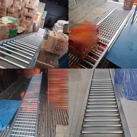 Heavy Duty Light-Duty Steel Roller Conveyor For Portable Warehouses And Factories With 2.5cm Diameter unpowered slides, shown in use with boxes.