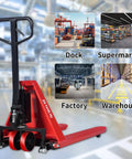 Heavy Duty Manual Scissor Pallet Jack Truck With A Breezy 3300 Pound Lift Capacity and Straight Forward Hydraulic Pump in a warehouse setting.