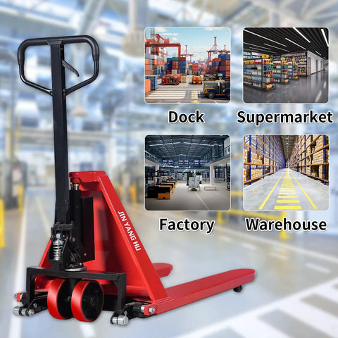 Heavy Duty Manual Scissor Pallet Jack Truck With A Breezy 3300 Pound Lift Capacity and Straight Forward Hydraulic Pump in a warehouse setting.