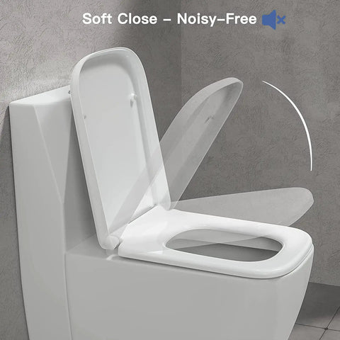 Rock Solid White Square Toilet Seat With Swift Soft Close Action And No Fuss Quick Release Hinges For Silent Drop Fade Resistant Build Universal Bathroom Fixture Upgrade, showing soft close lid in action.