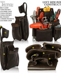 Premium Grain Leather Tool Belt With 19 Pockets And Padded Belt Carpenter Rig Set Hammer Holders Electrician Bag Construction Framing Pouch In Chocolate showing left side pouch construction with various pockets and loops.