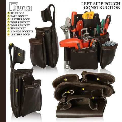 Premium Grain Leather Tool Belt With 19 Pockets And Padded Belt Carpenter Rig Set Hammer Holders Electrician Bag Construction Framing Pouch In Chocolate showing left side pouch construction with various pockets and loops.
