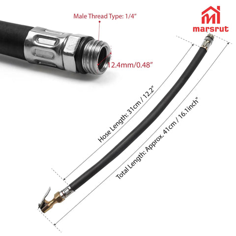 No Sweat Quarter Inch Tire Inflator Extension Hose With Fast Grip Self Locking Chuck, 31cm long heavy duty rubber hose.