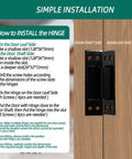 Installation guide for Hidden Door Hinge Set for 5 Inch Doors Black 304 Stainless Steel Rock Solid Heavy Duty Invisible Hinge 120 Degree 3mm Thick 4 Pieces Includes 32 Screws and Mounting Hardware Riyhch showing door shaft and leaf sides.