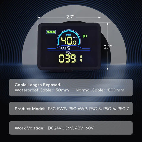 Powerful Ebike Display With UART No 2 Protocol 24V-60V LCD Colorful Left-Side Cycling Computer For Real Time Speed Distance Battery And Ride Data P5C 5-Pin Connector ABS Housing Slick Easy Install