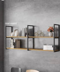 Super Sturdy 2 Tier Floating Shelf Brackets Wall And Ceiling Mount Heavy Duty Wrought Iron Pipe Style Supports For Rugged Diy Shelving And Home Upgrades Black Metal wall-mounted shelf with black metal brackets and wood planks.