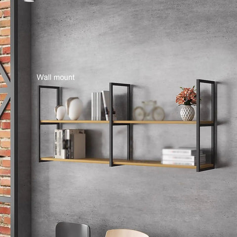 Super Sturdy 2 Tier Floating Shelf Brackets Wall And Ceiling Mount Heavy Duty Wrought Iron Pipe Style Supports For Rugged Diy Shelving And Home Upgrades Black Metal wall-mounted shelf with black metal brackets and wood planks.