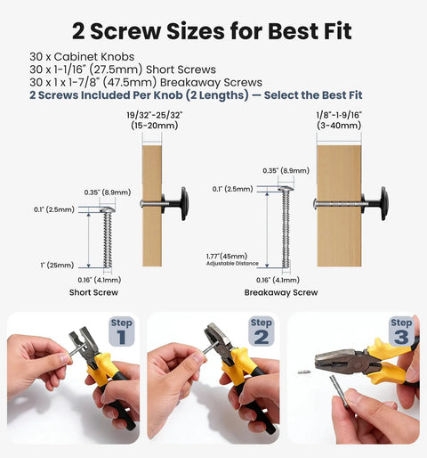 Matte Black Round Euro Style Cabinet Knobs One And One Quarter Inch 30 Pack with short and breakaway screws shown