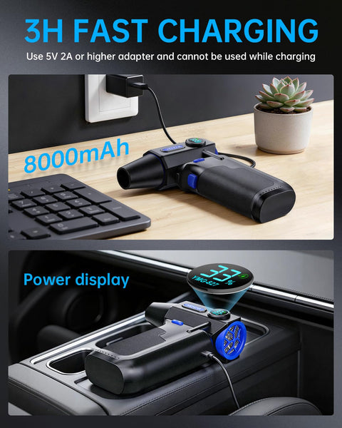 Cordless Air Duster With LED Light And 150000 RPM Brushless Motor 3 Speed Turbo Blower charging on table and car