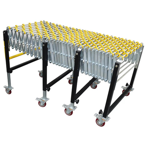 Flexible Portable Conveyor Featuring Abs Rollers Adjustable 47 To 177 Inch Telescopic Gravity Belt on wheels for easy transport.