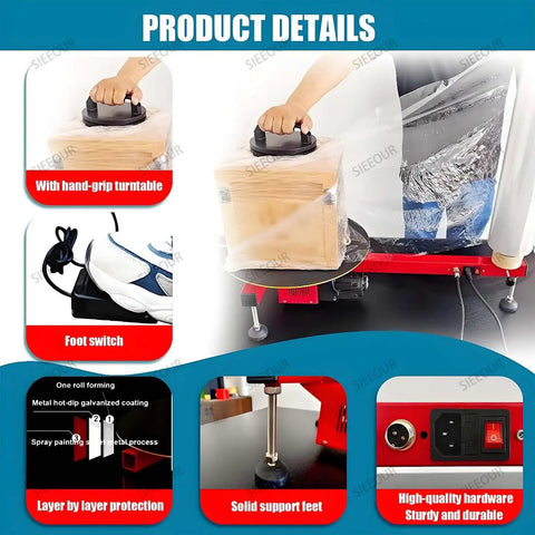 Electric Stretch Film Wrapping Bench With wrap around capability showing hand-grip turntable and foot switch features.