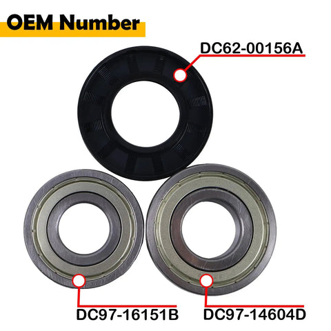 Heavy Duty Washer Tub Seal And Bearing Kit Compatible With Samsung Machines Replaces Dc62-00156A Dc97-16151B Dc97-14604D showing OEM parts with clear labels.