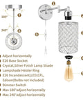 Diagram of One Light Sleek Modern Wall Lamp With Swing Arm Dimmable Crystal Glass Shade Industrial Metal Round Sconce For E26 Base Plug In Home Decor Lighting With A Long 67 Inch Cord showing adjustable angles, crystal shade, and E26 socket.