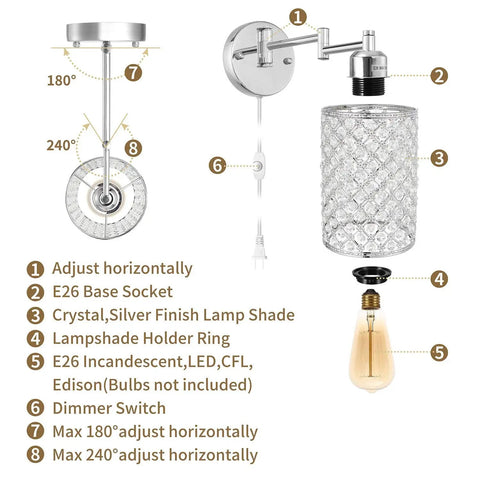 Diagram of One Light Sleek Modern Wall Lamp With Swing Arm Dimmable Crystal Glass Shade Industrial Metal Round Sconce For E26 Base Plug In Home Decor Lighting With A Long 67 Inch Cord showing adjustable angles, crystal shade, and E26 socket.
