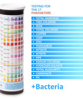 17 in 1 Drinking Water Test Kit With 100 Strips And 4 Bacteria Tests For Tap, Well And Home Water Quality, Easy To Test Read And Detect Hardness Lead Iron pH Copper Bacteria And More. Bottle label with 17 water parameters and bacteria test list.
