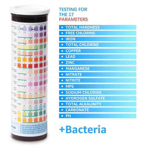 17 in 1 Drinking Water Test Kit With 100 Strips And 4 Bacteria Tests For Tap, Well And Home Water Quality, Easy To Test Read And Detect Hardness Lead Iron pH Copper Bacteria And More. Bottle label with 17 water parameters and bacteria test list.
