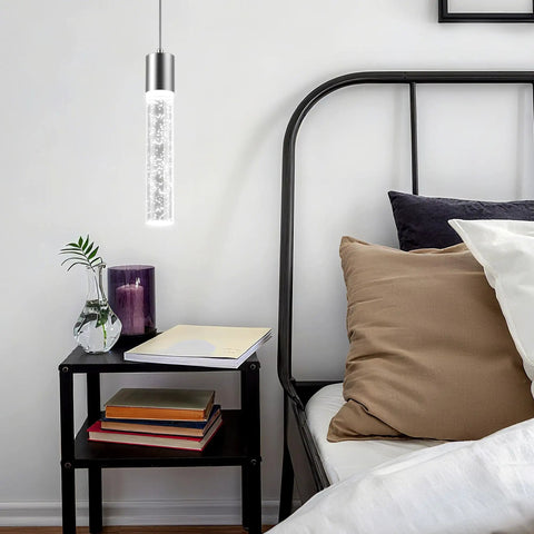 3 Pack Modern Pendant Lights For Kitchen Island With Glittering Crystal Bubbles, 6500K Daylight Brushed Nickel Hanging Fixtures above bedside table.