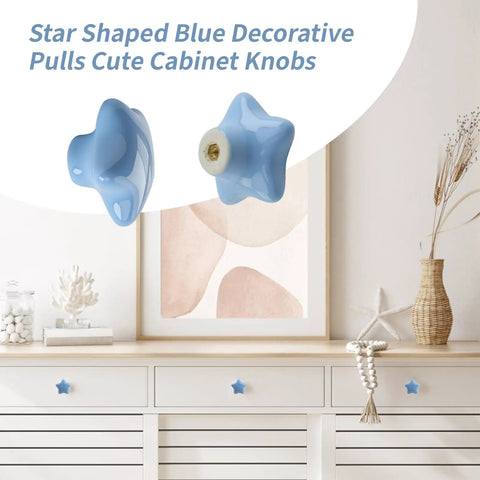 Set Of Six Star Shaped Ceramic Cabinet Knobs With Glossy Finish For Kitchen Drawers And Dressers Totally Swoon Worthy Home Refresh Upgrade Giving Your Furniture Major Glow Up Matching Mounting Hardware Included Vintage Nordic Style Accents on a white dresser.