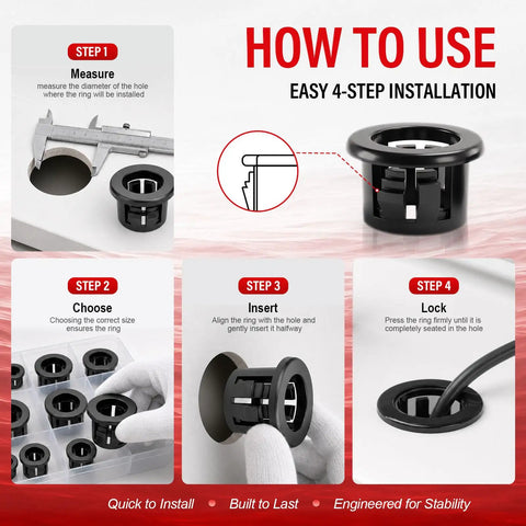 Four-step guide for using Half Inch Round Cable Snap Bushing Grommet Kit Black Snap In Grommets Built Tough Durable PA66 Plastic.