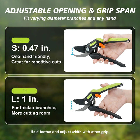 Two views of adjustable bypass pruning shears with 1 inch cut capacity for easy garden trimming, sharp SK5 steel blade.