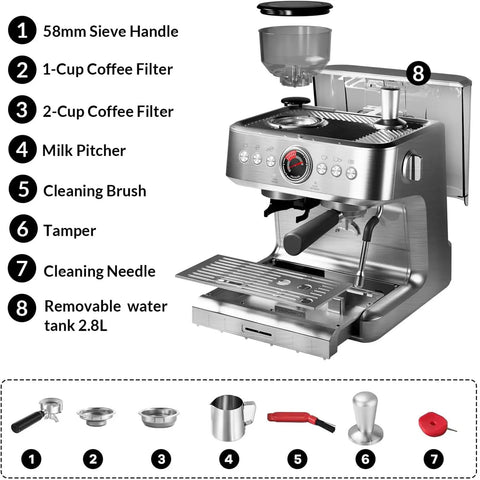 Semi Automatic Espresso Machine With Built In Grinder And Quick Milk Frother 20 Bar Pressure showing components like filters and removable tank.