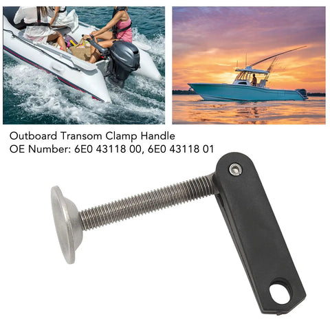 Outboard Transom Clamp Screw And Handle Assembly In Stainless Steel For 40HP E40G Boats, Marine Grade Bolt OE 6E0 43118 00 And 6E0 43118 01 Replacement Parts, shown with boating background and product close-up.